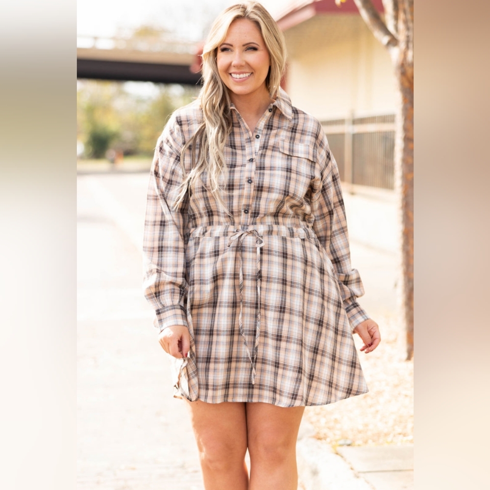Chic Soul Plaid Long Sleeve Dress - Tan and Brown